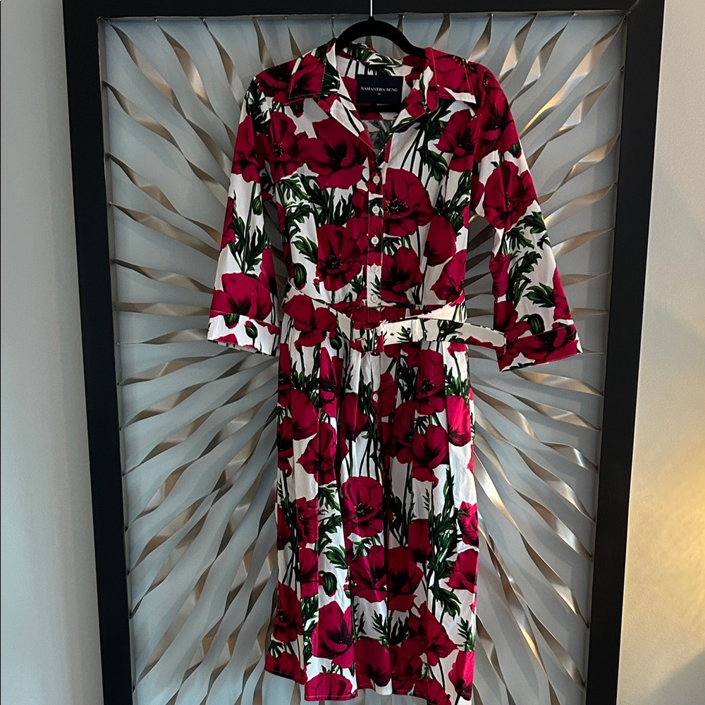 Samantha Sung Poppy Stretch cotton shirtdress white pink 10